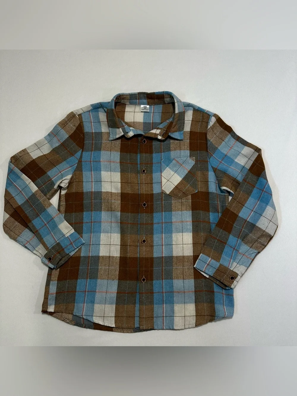 Boys Brown Blue Cream Plaid Button Down Flannel Shirt Size 10Y